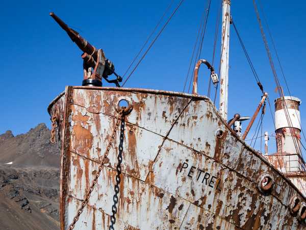 Grytviken - l'inquietante arpione montato sulla prua della nave baleniera argentina Petrel. L'arpione era dotato di una carica esplosiva e la balena non aveva scampo.