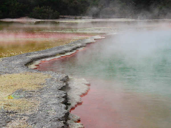 Rotorua - Waiotapu Thermal Wonderland – La pozza “Champagne Pool” (profondità 60 mt, temperatura circa 80 °C) , punto più noto e  fotografato del parco, dai magnifici colori rosso-arancio-blu dovuti a minerali di ferro, zolfo, antimonio, allume e cobalto