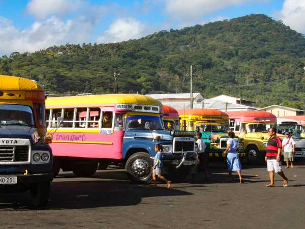 La stazione centrale degli autobus di Apia. I coloratissimi autobus sono privi di finestrini (protezione sostanzialmente inutile qui), e circolano zigzagando e fermandosi qua e là dove uno chiede di scendere o salire, ovviamente guardandosi bene dal mettere le frecce di preavviso.